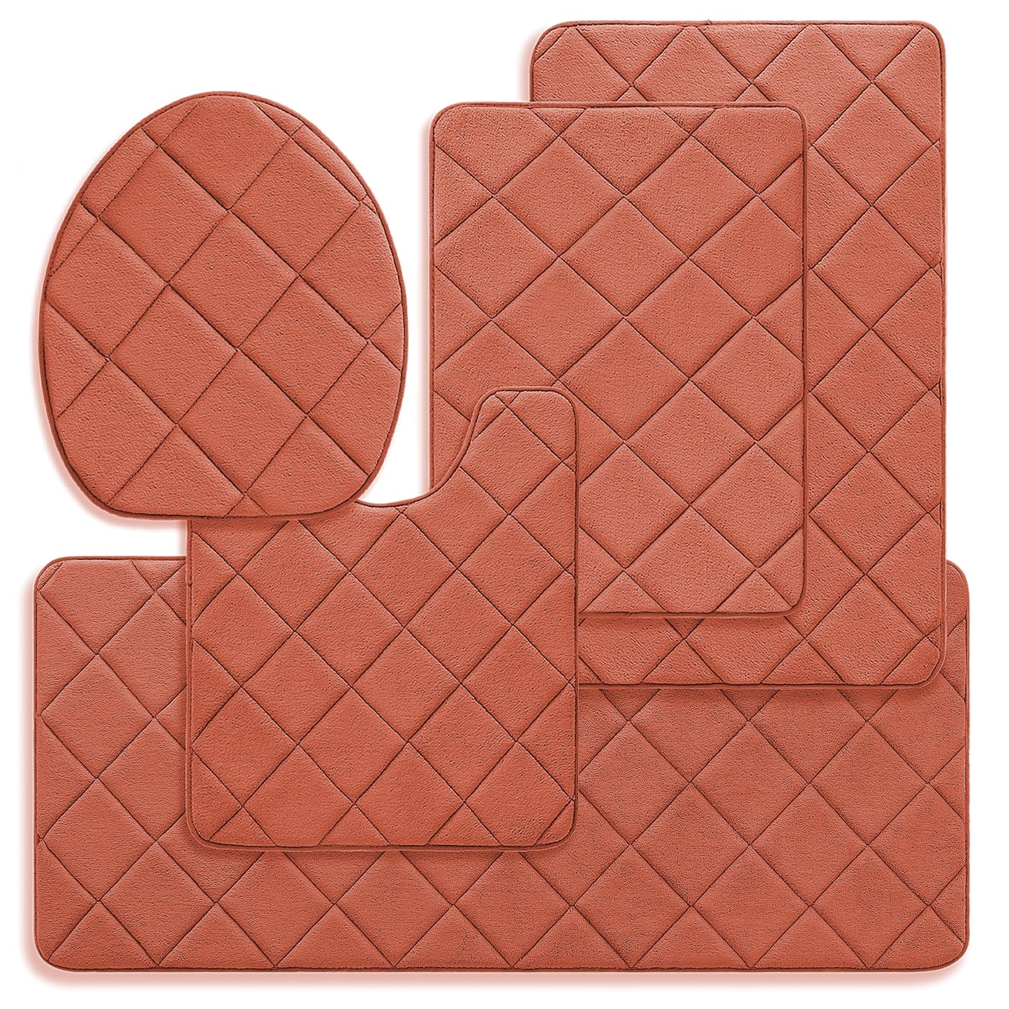 CHAKME Non Slip Machine Washable 5 Piece Bath Rug Set Memory Foam Ultra Absorbent Large 20inx46in & 32inx20in Long 24inx17in Small 18inx16in U Shape Contour 24inx20in Bathroom Mat Rustic Lattice orange