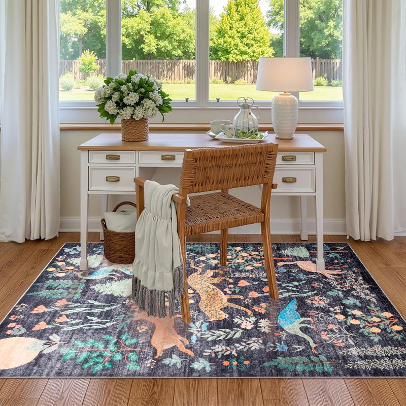 CHAKME 5'x7' Jungle Safari Wild Animal Area Rug Machine Washable Non Slip Leopard Bird Botanical Plant Low Pile Floor Carpet Living Room Dining Room Bedroom