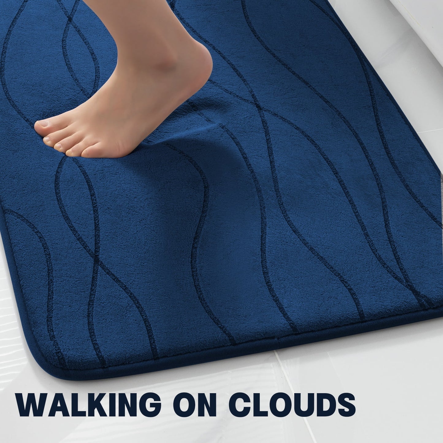 CHAKME 5 Piece Bathroom Rug Set Non Slip Ultra Absorbent Machine Washable Memory Foam Large 20inx46in & 32inx20in Long 24inx17in Small 18inx16in U Shape Contour 24inx20in Toilet Mat Ocean Ripple dark blue