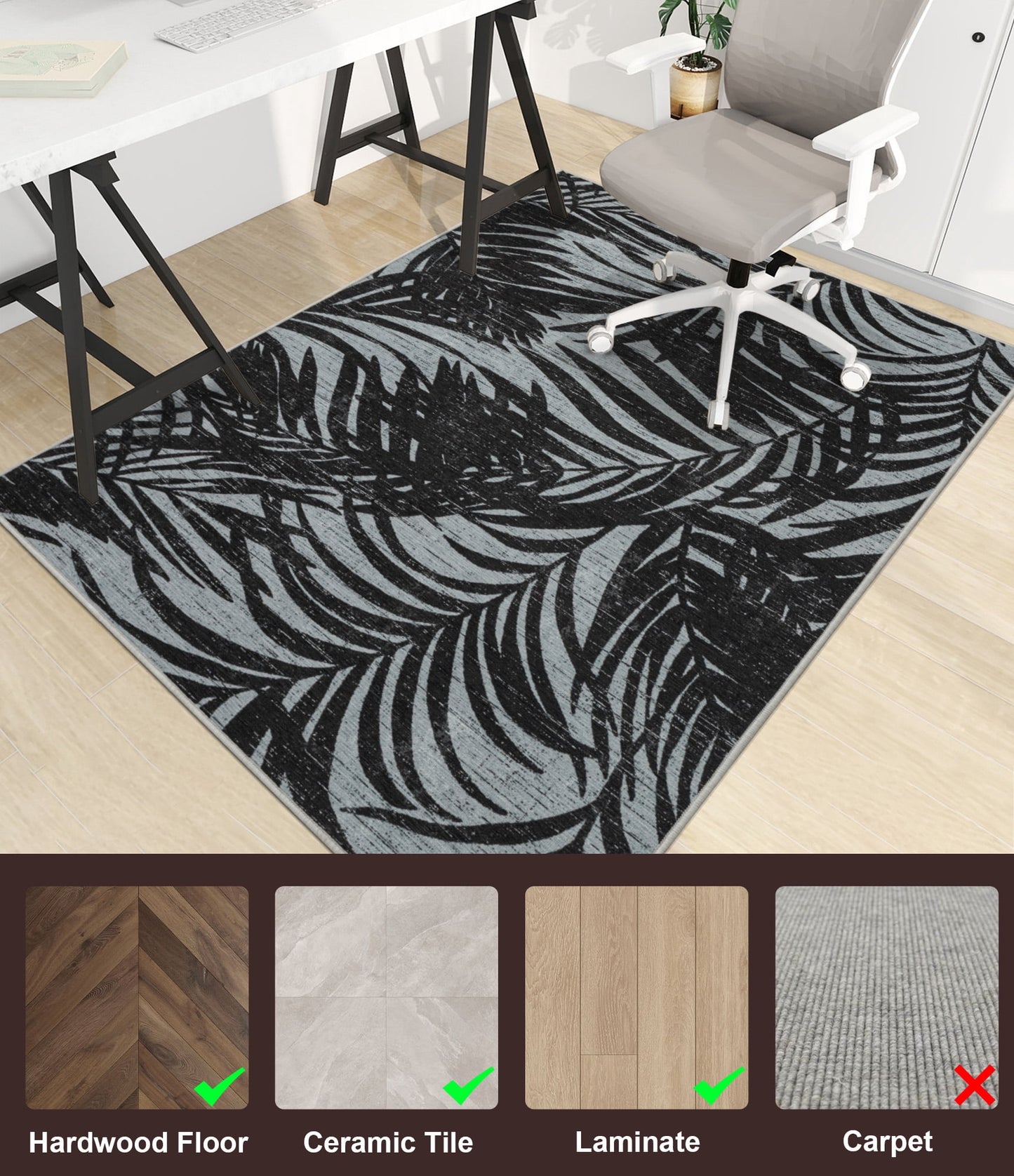 CHAKME Tropical Leaf Office Chair Mat 3'x4' Non Slip Washable Easy Glide Carpet Protector Hardwood Floor Black Grey Palm Botanical Desk Chair Rug