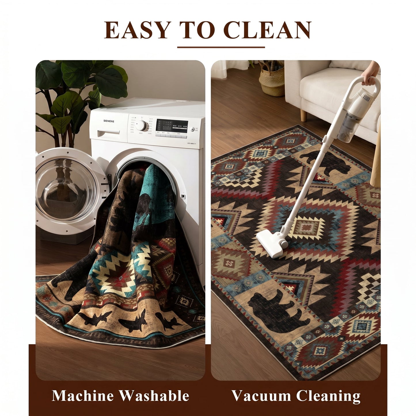 CHAKME 5x7 Washable Southwestern Area Rug, Rustic Cabin Geometric Bear Carpet, Soft Non-Slip Foldable Floor Mat for Living Room Bedroom, Dark Charcoal & Burgundy Red