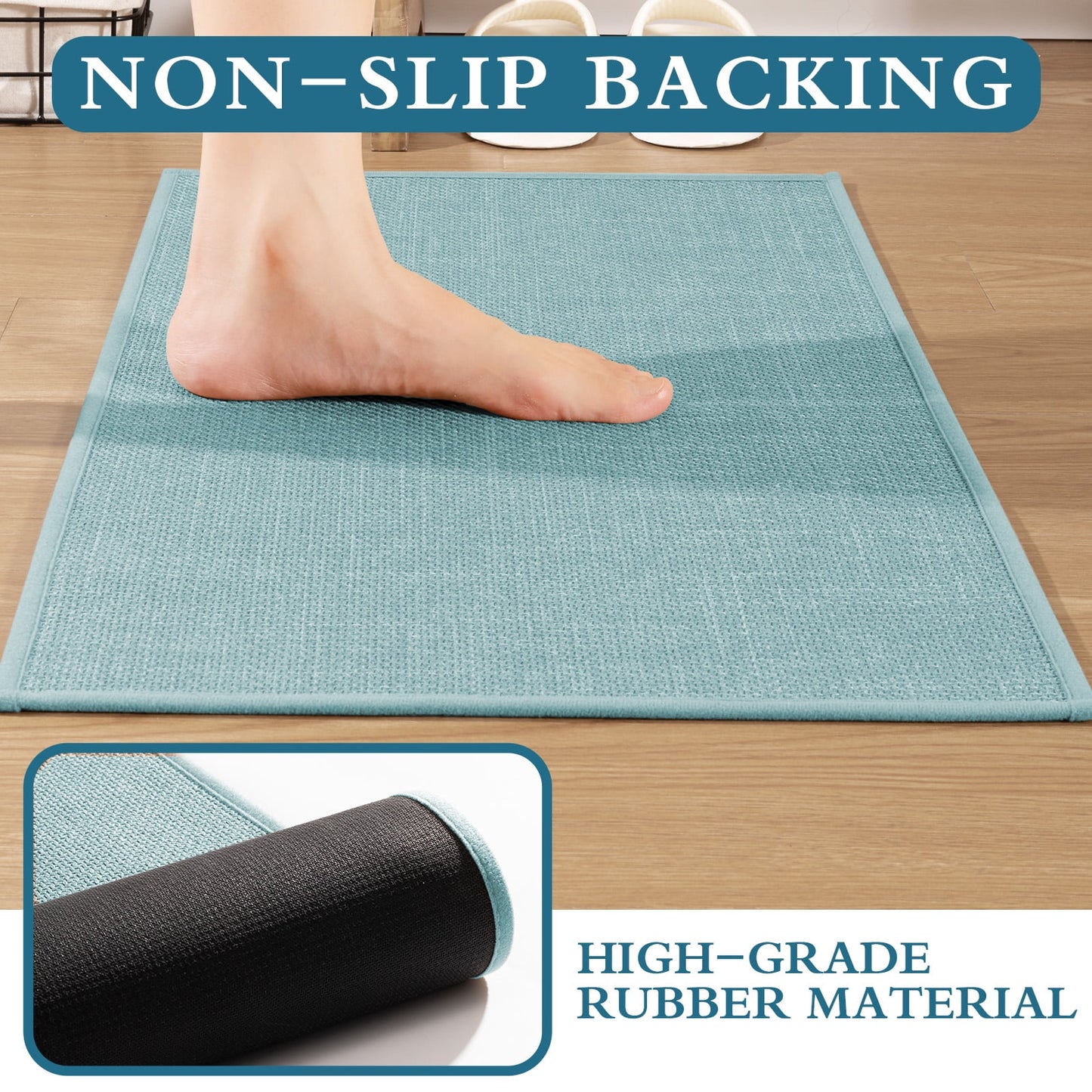 CHAKME 5 Piece Super Absorbent Bathroom Rug Set Non Slip Machine Washable Thin Quick Dry Bath Mat Rubber Backing Shower Floor Toilet Rugs BLUE