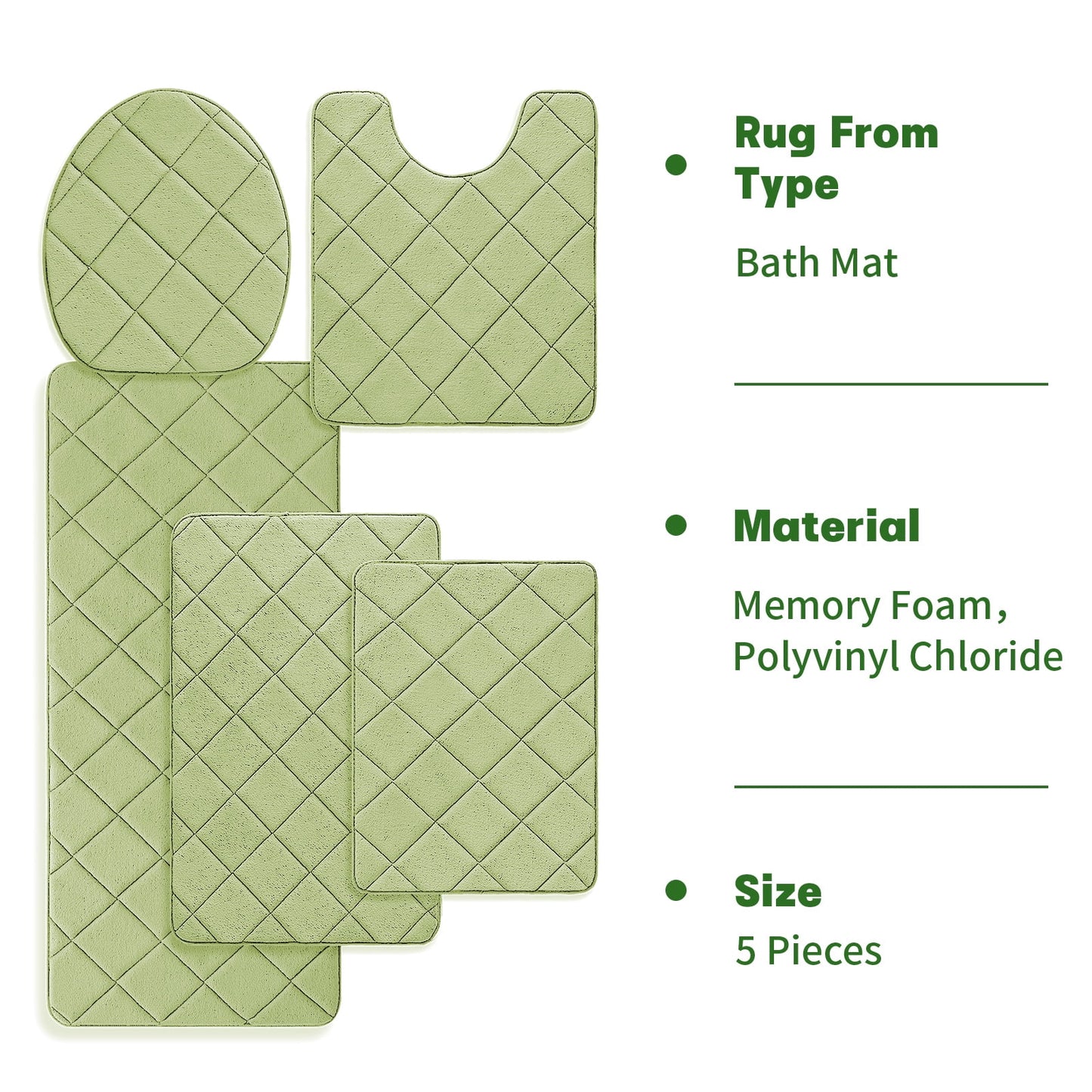 CHAKME Non Slip Machine Washable 5 Piece Bath Rug Set Memory Foam Ultra Absorbent Large 20inx46in & 32inx20in Long 24inx17in Small 18inx16in U Shape Contour 24inx20in Bathroom Mat Rustic Lattice green