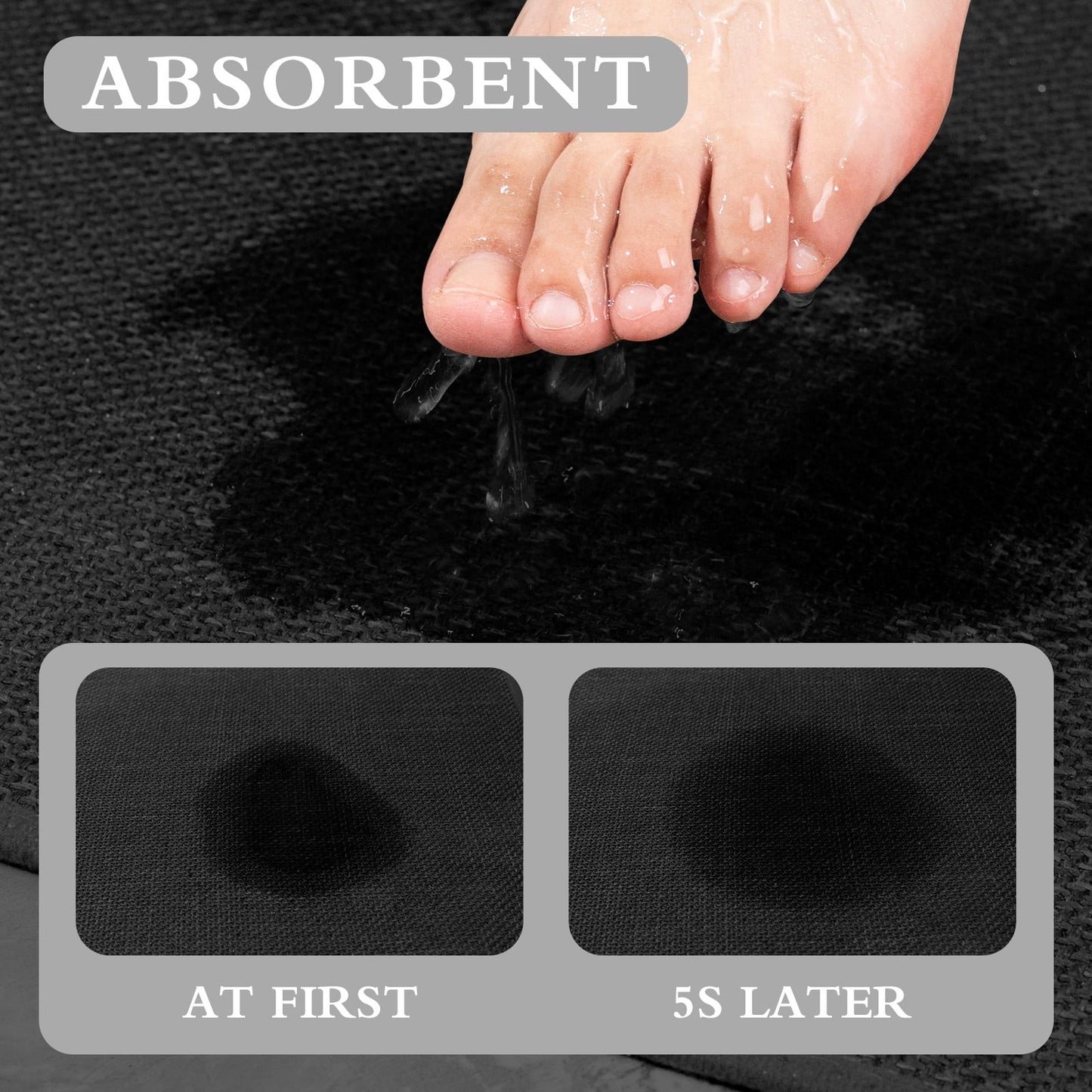 CHAKME 5 Piece Thin Bathroom Rug Set Non Slip Super Absorbent Quick Dry Machine Washable Bath Mat Rubber Backing Shower Tub Floor Toilet Rugs BLACK