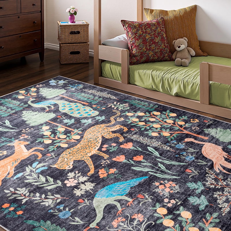 CHAKME 9'x12' Jungle Safari Wild Animal Area Rug Machine Washable Non Slip Leopard Bird Botanical Plant Low Pile Floor Carpet Living Room Dining Room Bedroom