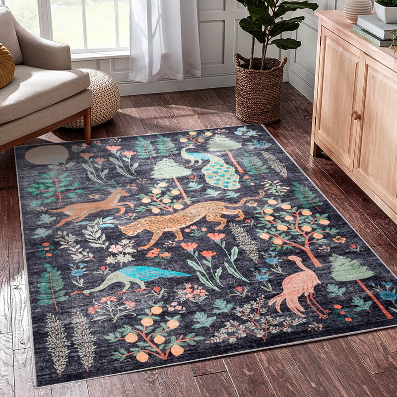 CHAKME 9'x12' Jungle Safari Wild Animal Area Rug Machine Washable Non Slip Leopard Bird Botanical Plant Low Pile Floor Carpet Living Room Dining Room Bedroom