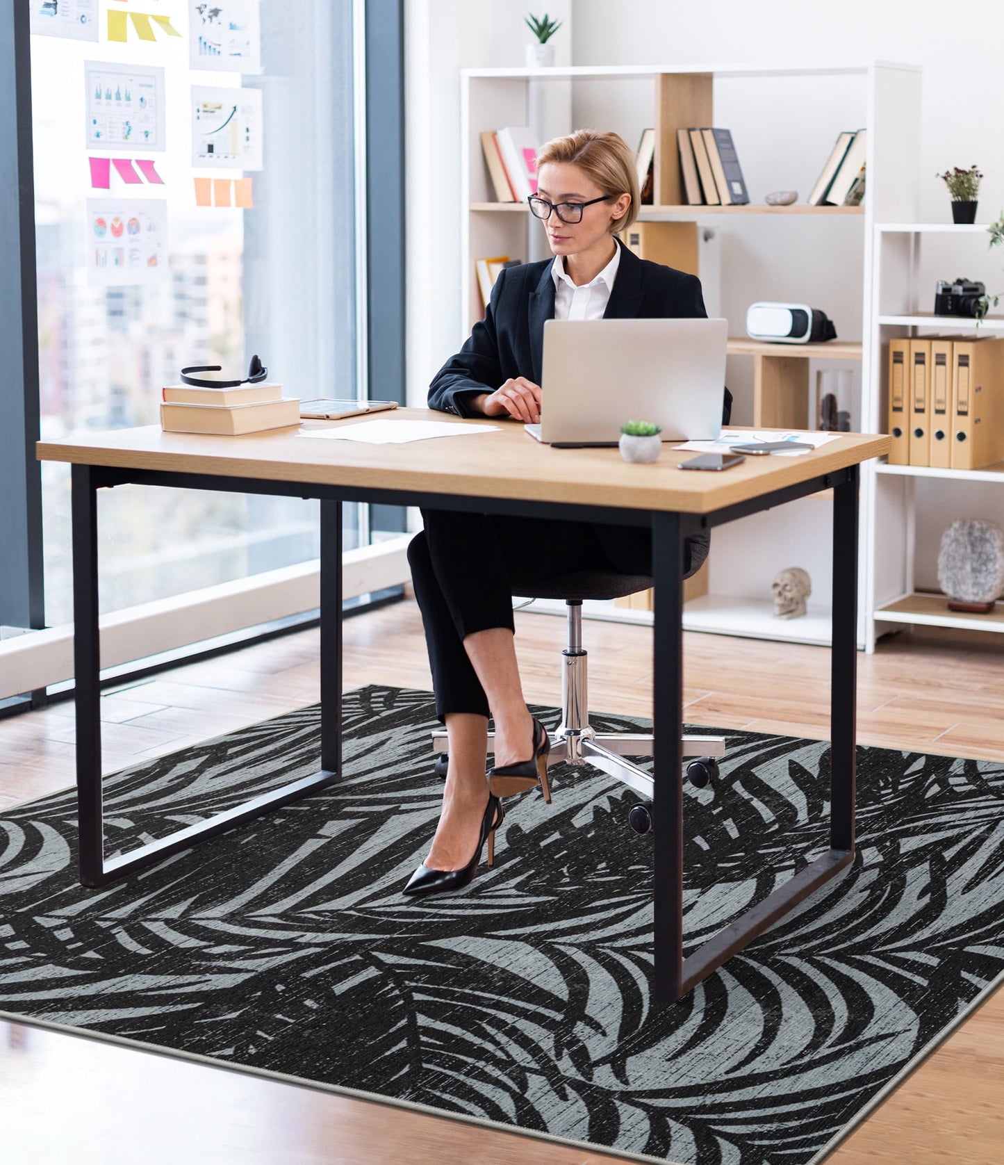 CHAKME Hardwood Floor Office Chair Mat, Non Slip Washable Floor Protector Desk Chair, 48in x 72in, Black White Tropical Leaf