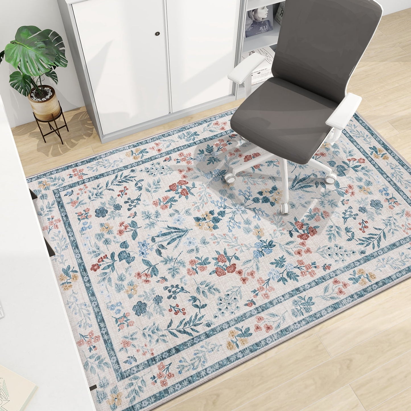 CHAKME 48in X 60in Light Blue Floral Protective Flooring Office Chair Mat Hardwood Floor Tile Floor Heavy Duty Desk Chair Mat Carpet Anti Slip Office Floor Mat Rolling Chairs Low Pile Under Desk Rug