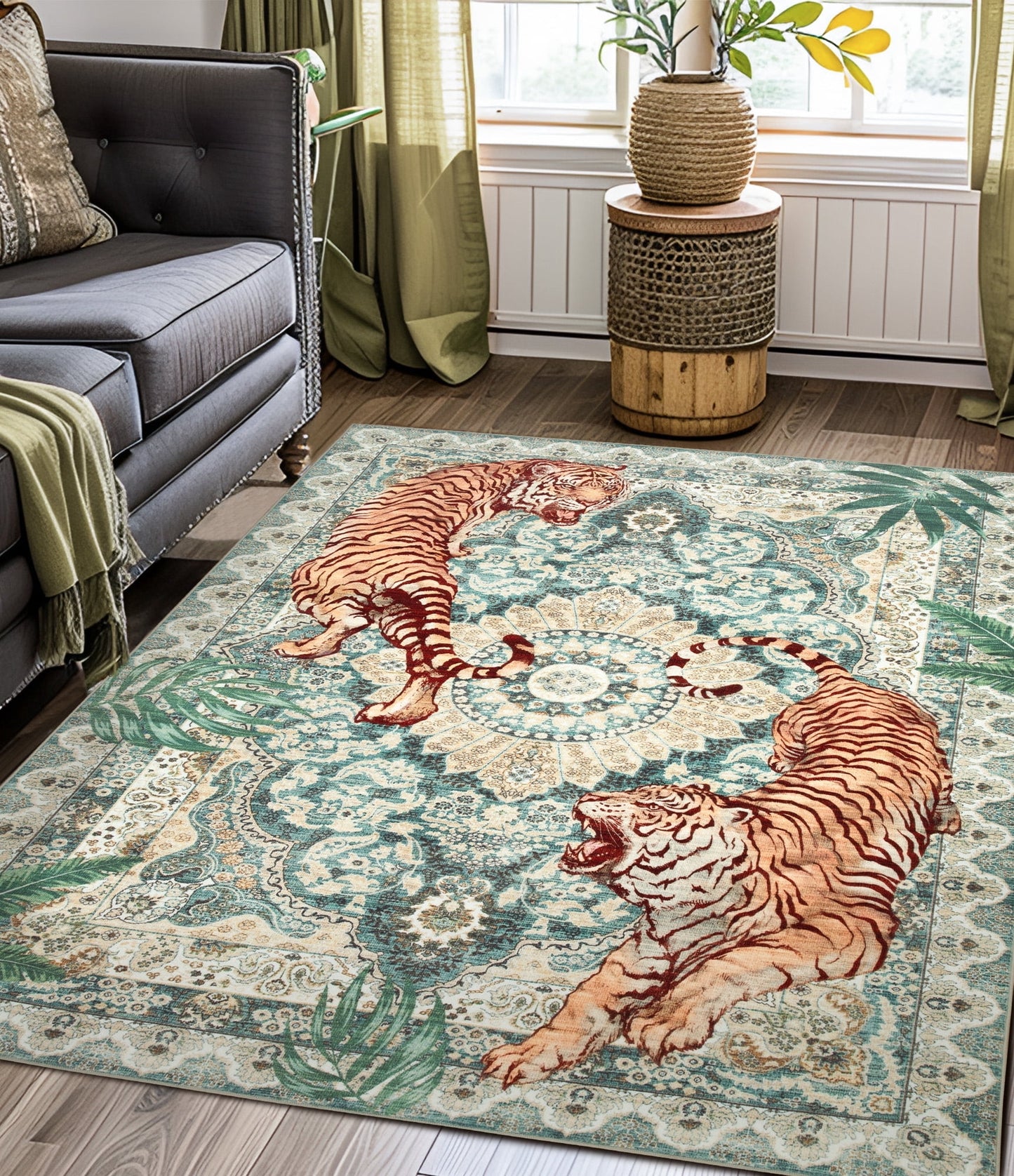 CHAKME 8'x10' Vintage Tiger Area Rug, Boho Traditional Washable Rug Living Room Bedroom Dining Sunroom Distressed Botanical Floral Accent Carpet, Green