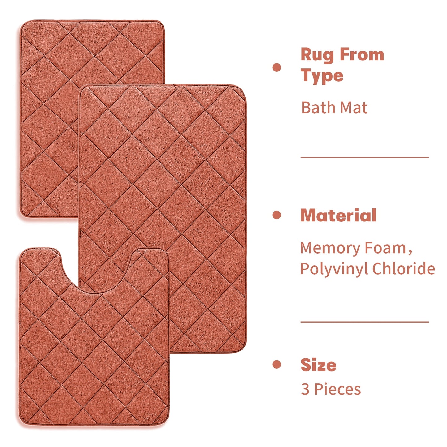CHAKME Set of 3 Absorbent Memory Foam Bath Mat Set Bathroom Rugs, Rustic Lattice orange, Large 20inx32in, Small 17inx24in, Contour 24inx20in