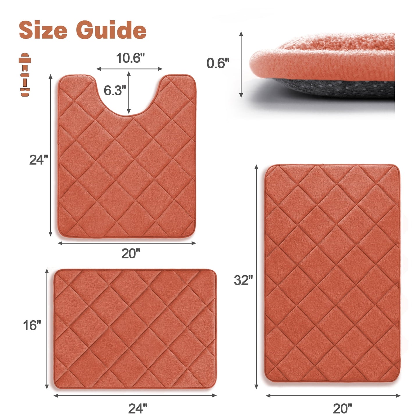 CHAKME Set of 3 Absorbent Memory Foam Bath Mat Set Bathroom Rugs, Rustic Lattice orange, Large 20inx32in, Small 17inx24in, Contour 24inx20in