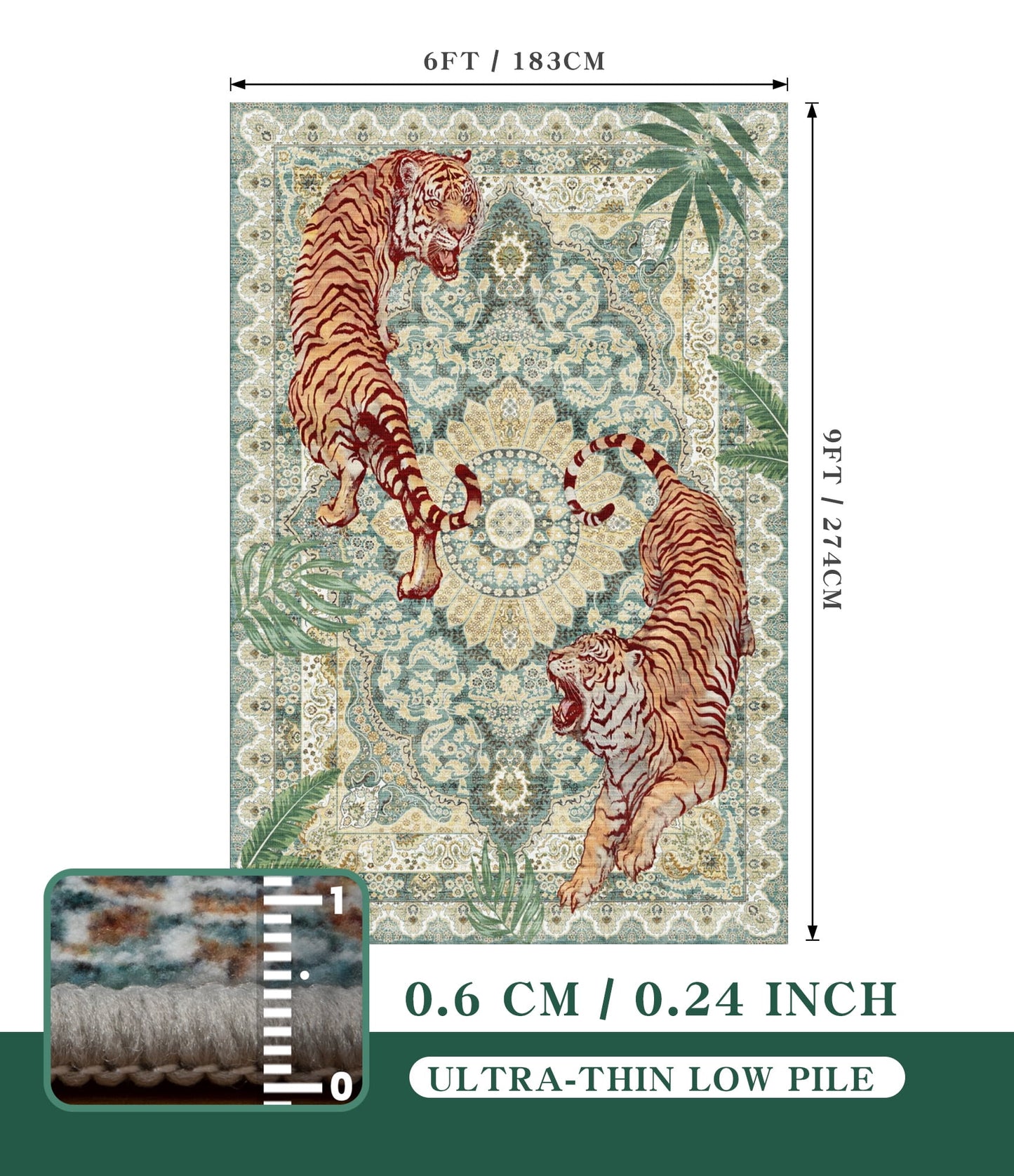 CHAKME 6'x9' Vintage Tiger Area Rug, Boho Traditional Washable Rug Living Room Bedroom Dining Sunroom Distressed Botanical Floral Accent Carpet, Green