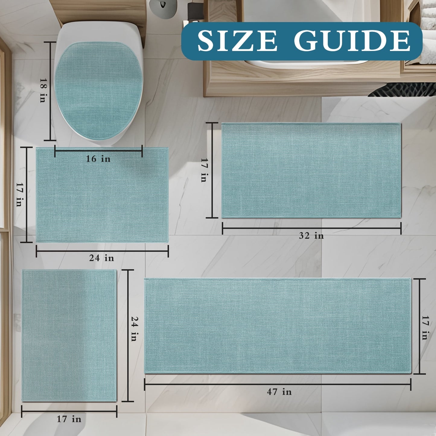 CHAKME 5 Piece Super Absorbent Bathroom Rug Set Non Slip Machine Washable Thin Quick Dry Bath Mat Rubber Backing Shower Floor Toilet Rugs BLUE