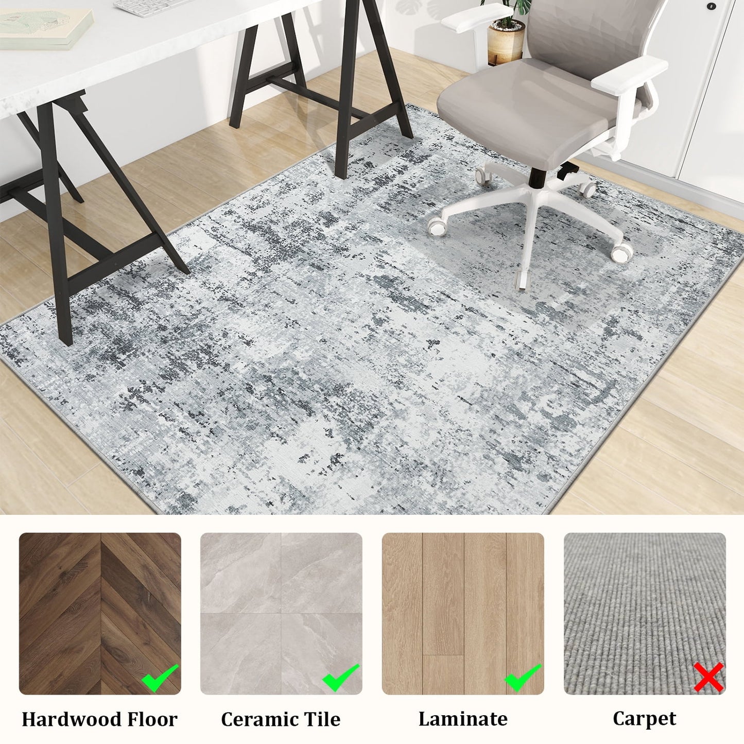CHAKME 48in X 60in Abstract Grey Protective Flooring Office Chair Mat Hardwood Floor Tile Floor Heavy Duty Desk Chair Mat Carpet Anti Slip Office Floor Mat Rolling Chairs Low Pile Under Desk Rug