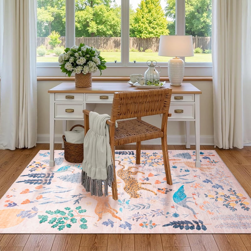 CHAKME 8'x10' Jungle Safari Wild Animal Area Rug Machine Washable Non Slip Leopard Bird Botanical Plant Low Pile Floor Carpet Living Room Dining Room Bedroom