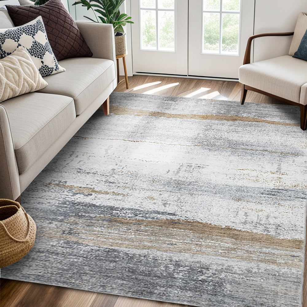 CHAKME 8'x10' Abstract Area Rugs Machine Washable Non Slip Modern Distressed Blue Grey Rust Living Room Bedroom Dining Room Office Kitchen Soft Indoor Carpet