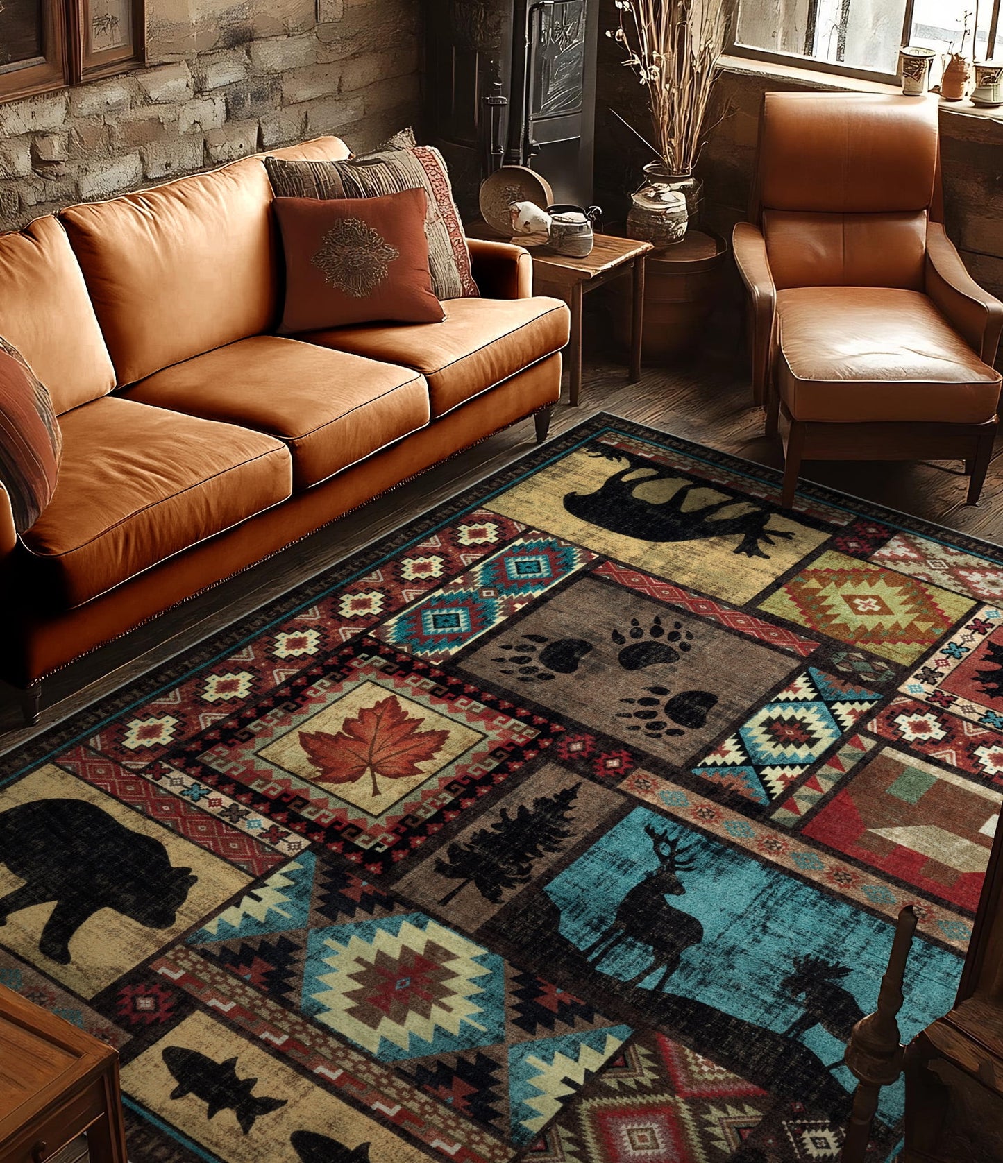 CHAKME 5'x7' Rustic Cabin Lodge Area Rug Machine Washable Non Slip Bear Deer Southwestern Pattern Low Pile Floor Mat Living Room Bedroom