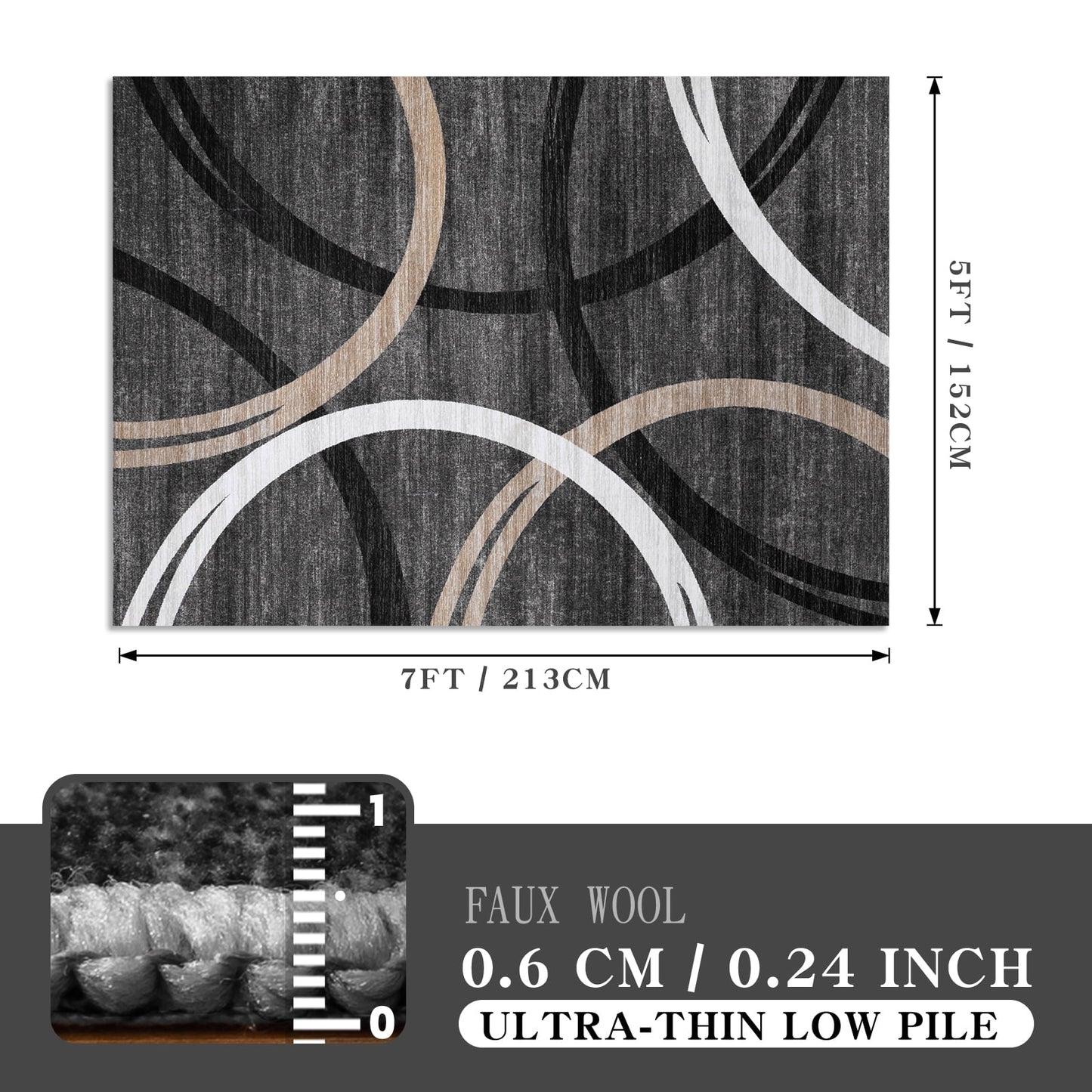 CHAKME 5'x7' Abstract Modern Area Rug Machine Washable Non Slip Black Grey White Geometric Curve Lines Carpet Low Pile Floor Living Room Bedroom Office Mat