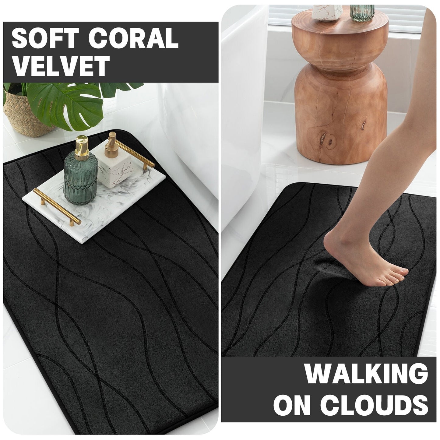 CHAKME Set of 3 Absorbent Memory Foam Bath Mat Set Bathroom Rugs, Ocean Ripple black, Large 20inx32in, Small 17inx24in, Contour 24inx20in