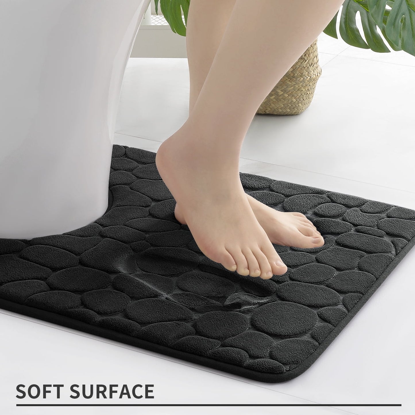 CHAKME Set of 3 Absorbent Memory Foam Bath Mat Set Bathroom Rugs, Pebble Massage Mat black, Large 20inx32in, Small 17inx24in, Contour 24inx20in