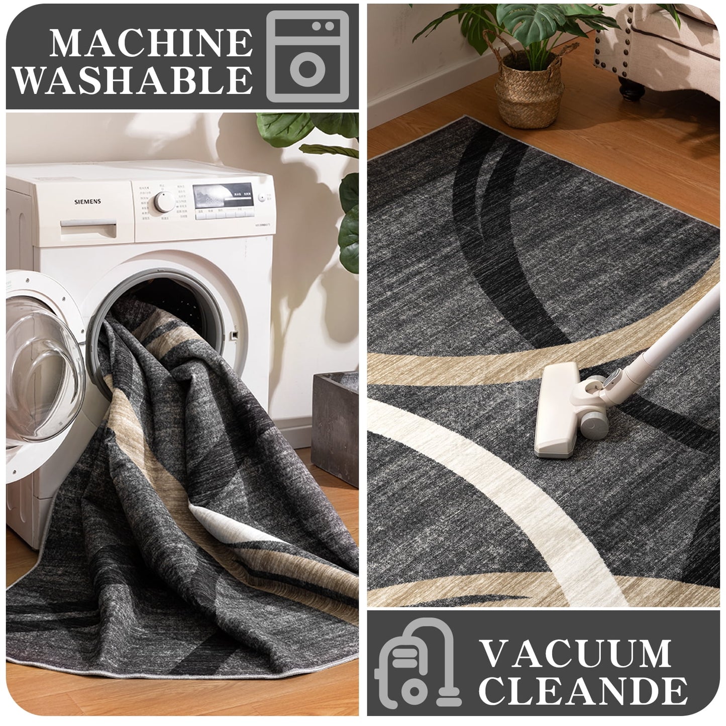 CHAKME 5'x7' Abstract Modern Area Rug Machine Washable Non Slip Black Grey White Geometric Curve Lines Carpet Low Pile Floor Living Room Bedroom Office Mat