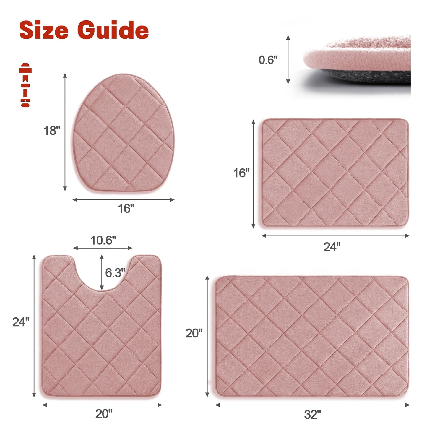 CHAKME 4pcs Bathroom Rugs Set with U-Shaped Mat, Non Slip, Quick Drying, Ultra Soft and Water Absorbent Bath Rug Mat Carpet Machine Washable 20inx32in+17inx24in+U 20inx24in+15inx18in PINK