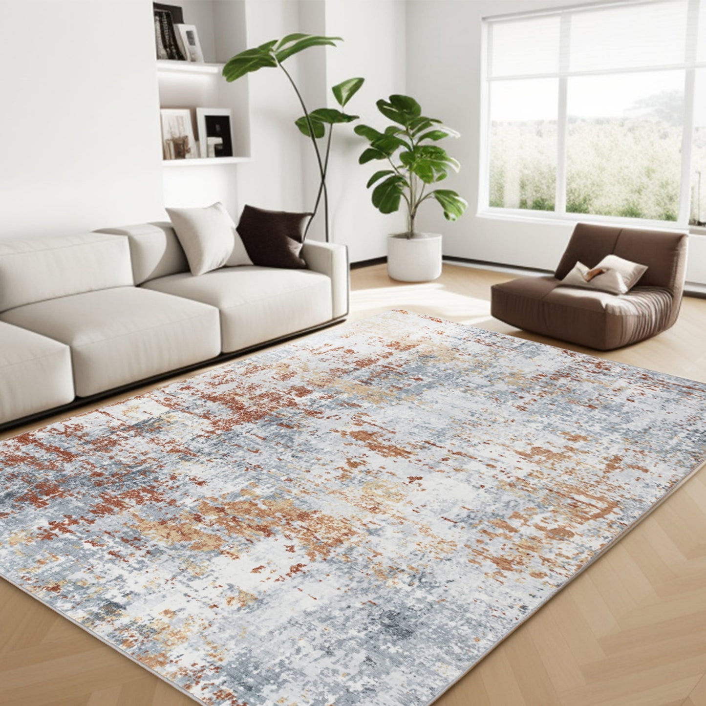 CHAKME 5'x7' Abstract Area Rugs Machine Washable Non Slip Modern Distressed Blue Grey Rust Living Room Bedroom Dining Room Office Kitchen Soft Indoor Carpet