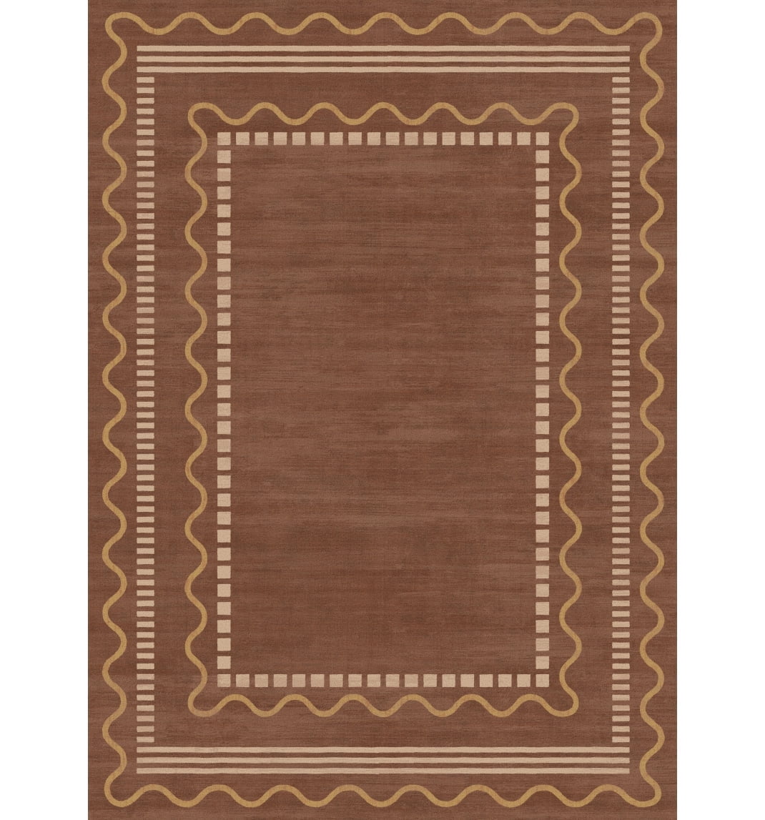 6x9 Washable Area Rug for Living Room, Modern Boho Scalloped Border Rug with Dashed Geometric Frame, Soft Foldable Carpet for Bedroom Dining Room, Brown & Cream