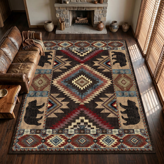 CHAKME 6x9 Washable Southwestern Area Rug, Rustic Cabin Geometric Bear Carpet, Soft Non-Slip Foldable Floor Mat for Living Room Bedroom, Dark Charcoal & Burgundy Red