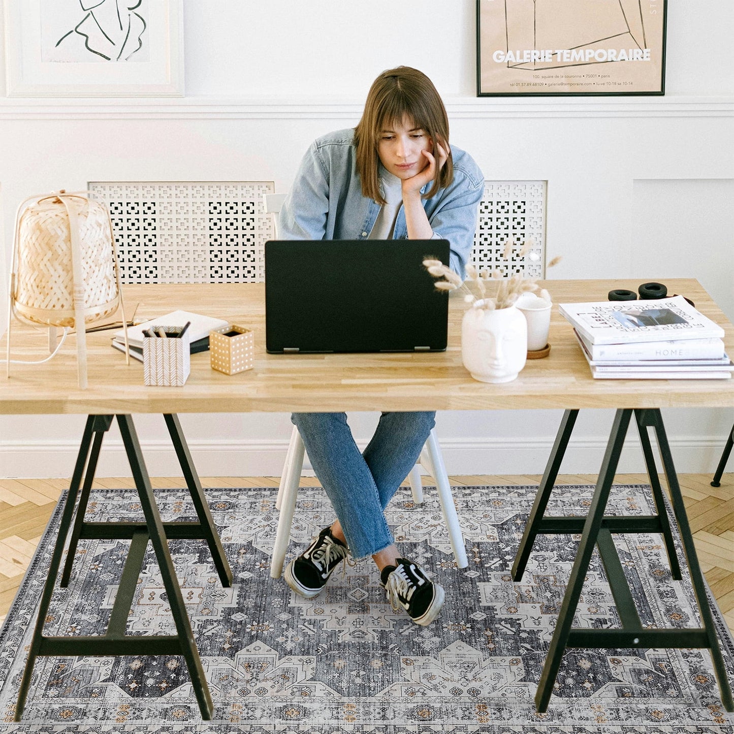 CHAKME Boho Vintage Office Chair Mat 3'x4' Non Slip Washable Easy Glide Carpet Protector Hardwood Floor Oriental Floral Desk Chair Rug