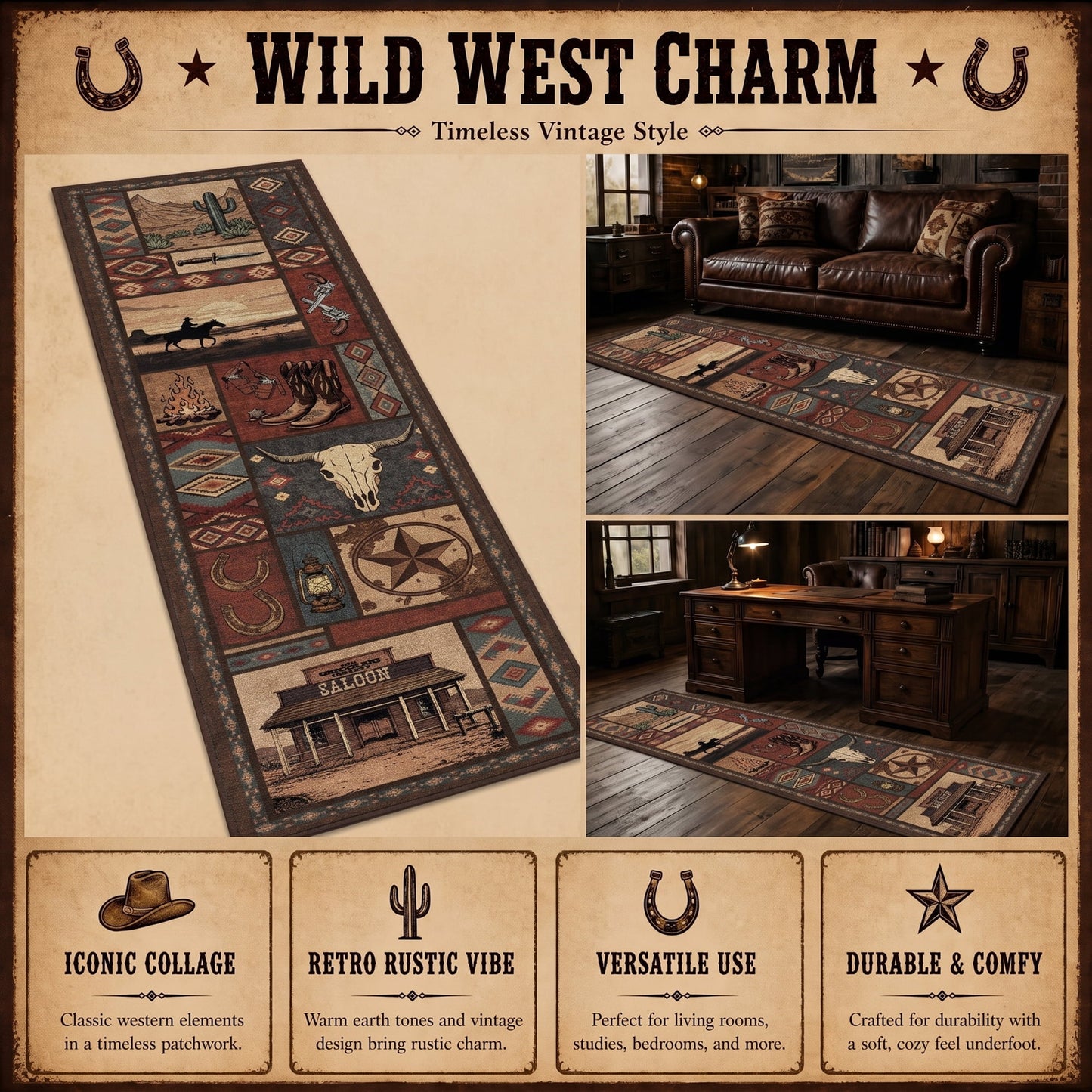 CHAKME 2'x8' Western Cowboy Area Rug Rustic Southwestern Cabin Lodge Decor Machine Washable Non-Slip Low Pile Floor Mat Vintage Cactus Bull Skull Saloon Design Carpet for Living Room Bedroom