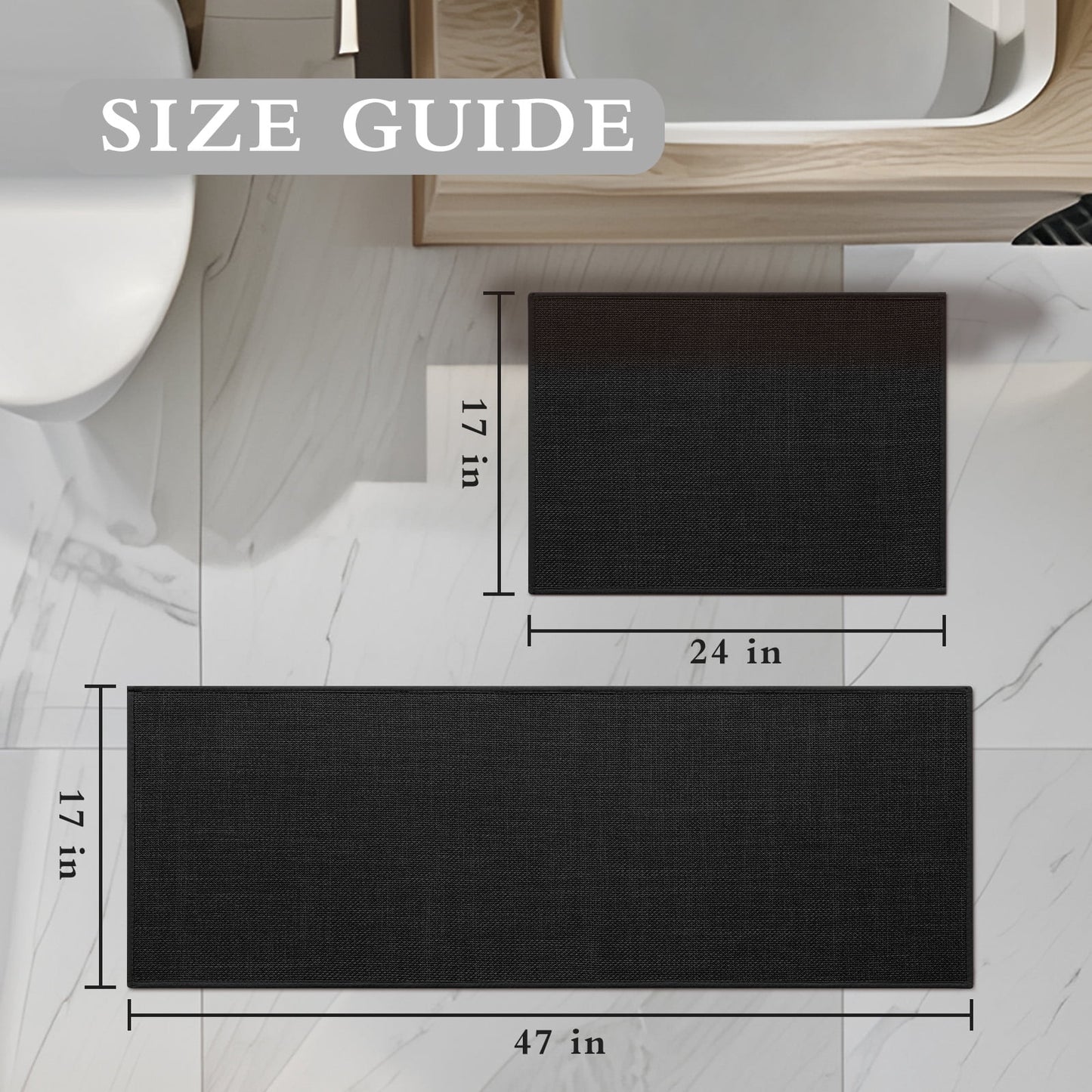 CHAKME 2 Piece Thin Bathroom Rug Set Non Slip Super Absorbent Quick Dry Machine Washable Bath Mat Rubber Backing, 17inx24in+17inx47in BLACK