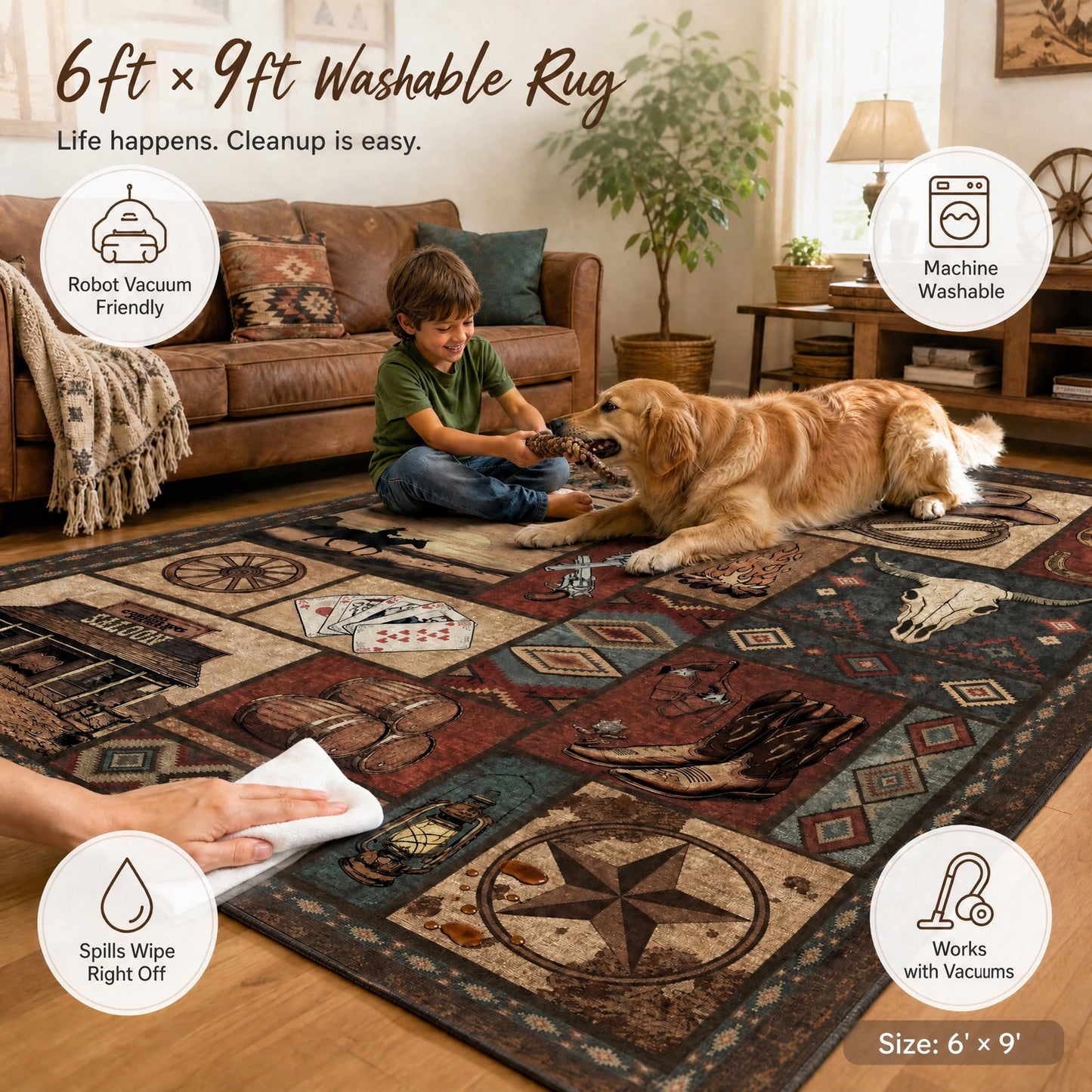 CHAKME 6'x9' Western Cowboy Area Rug Rustic Southwestern Cabin Lodge Decor Machine Washable Non-Slip Low Pile Floor Mat Vintage Cactus Bull Skull Saloon Design Carpet for Living Room Bedroom