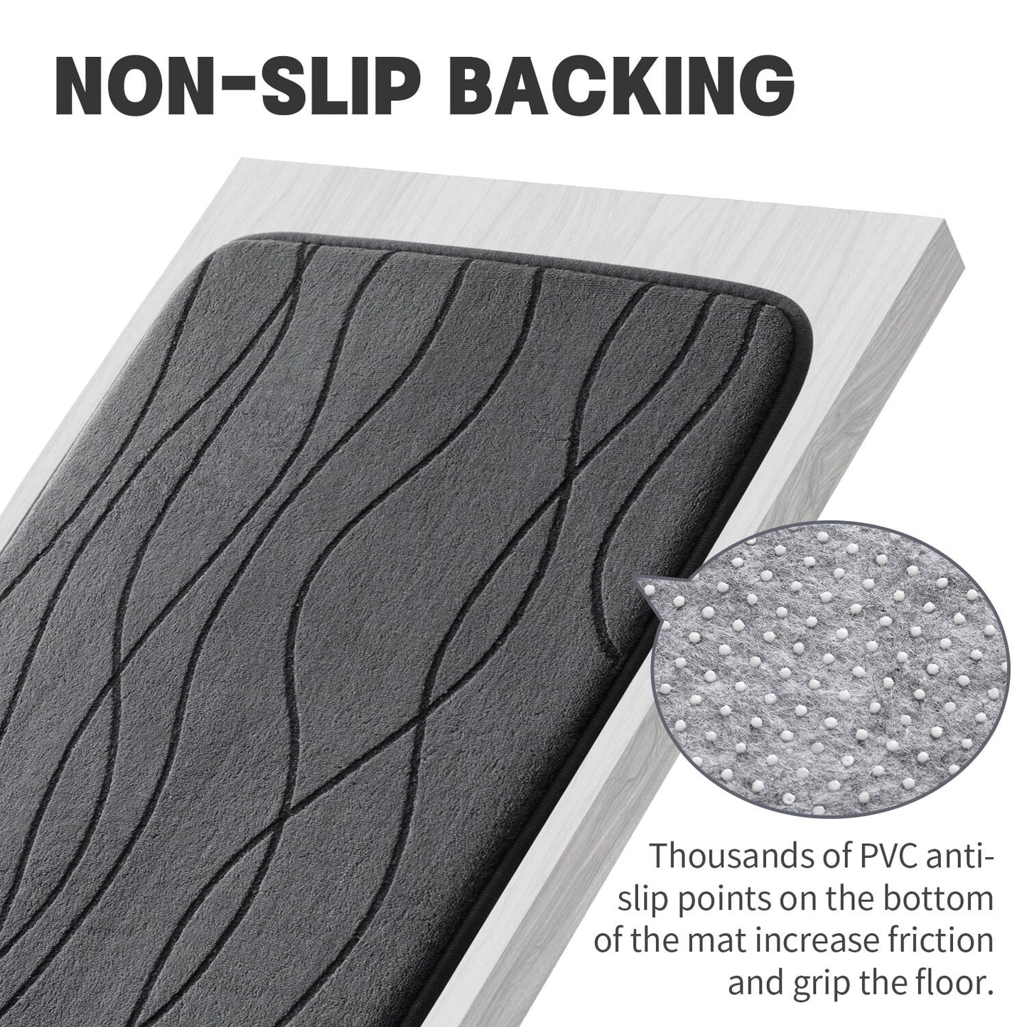 CHAKME Set of 3 Absorbent Memory Foam Bath Mat Set Bathroom Rugs, Ocean Ripple Dark gray, Large 20inx32in, Small 17inx24in, Contour 24inx20in
