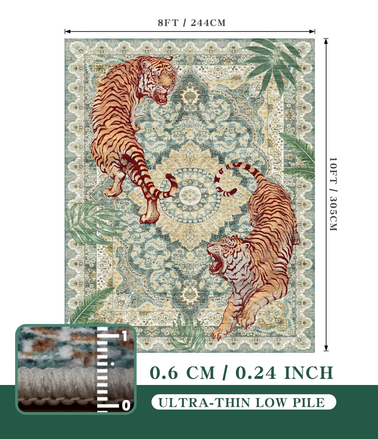 CHAKME 8'x10' Vintage Tiger Area Rug, Boho Traditional Washable Rug Living Room Bedroom Dining Sunroom Distressed Botanical Floral Accent Carpet, Green