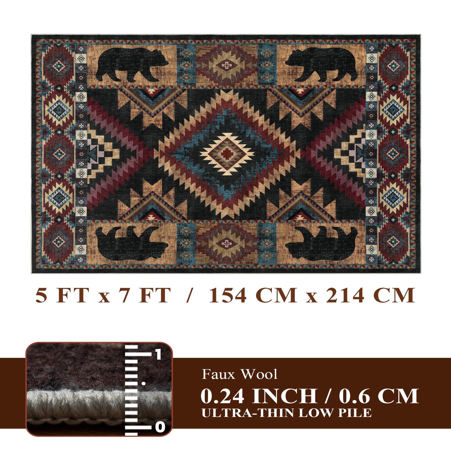 CHAKME 5x7 Washable Southwestern Area Rug, Rustic Cabin Geometric Bear Carpet, Soft Non-Slip Foldable Floor Mat for Living Room Bedroom, Dark Charcoal & Burgundy Red