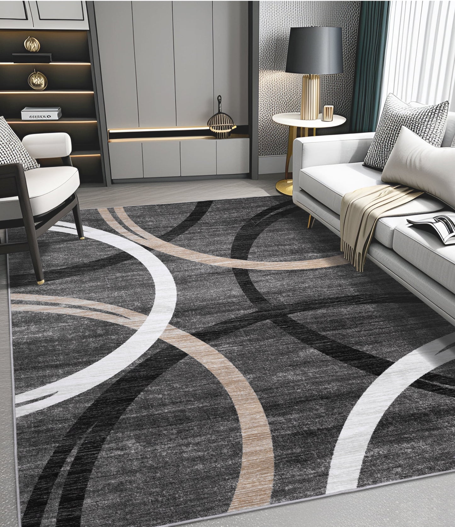 CHAKME 5'x7' Abstract Modern Area Rug Machine Washable Non Slip Black Grey White Geometric Curve Lines Carpet Low Pile Floor Living Room Bedroom Office Mat