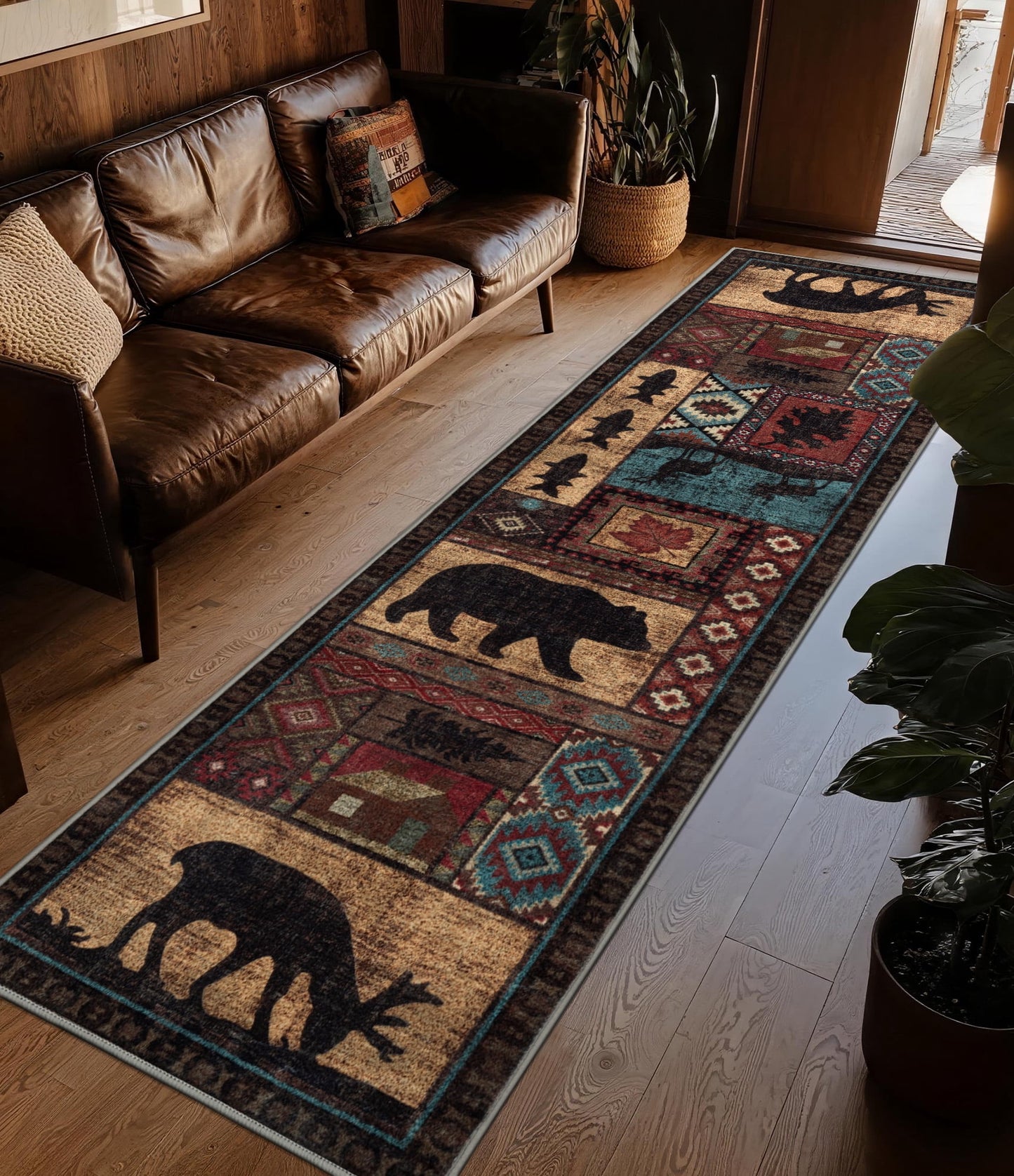 CHAKME 2'x8' Rustic Cabin Lodge Area Rug Machine Washable Non Slip Bear Deer Southwestern Pattern Low Pile Floor Mat Living Room Bedroom