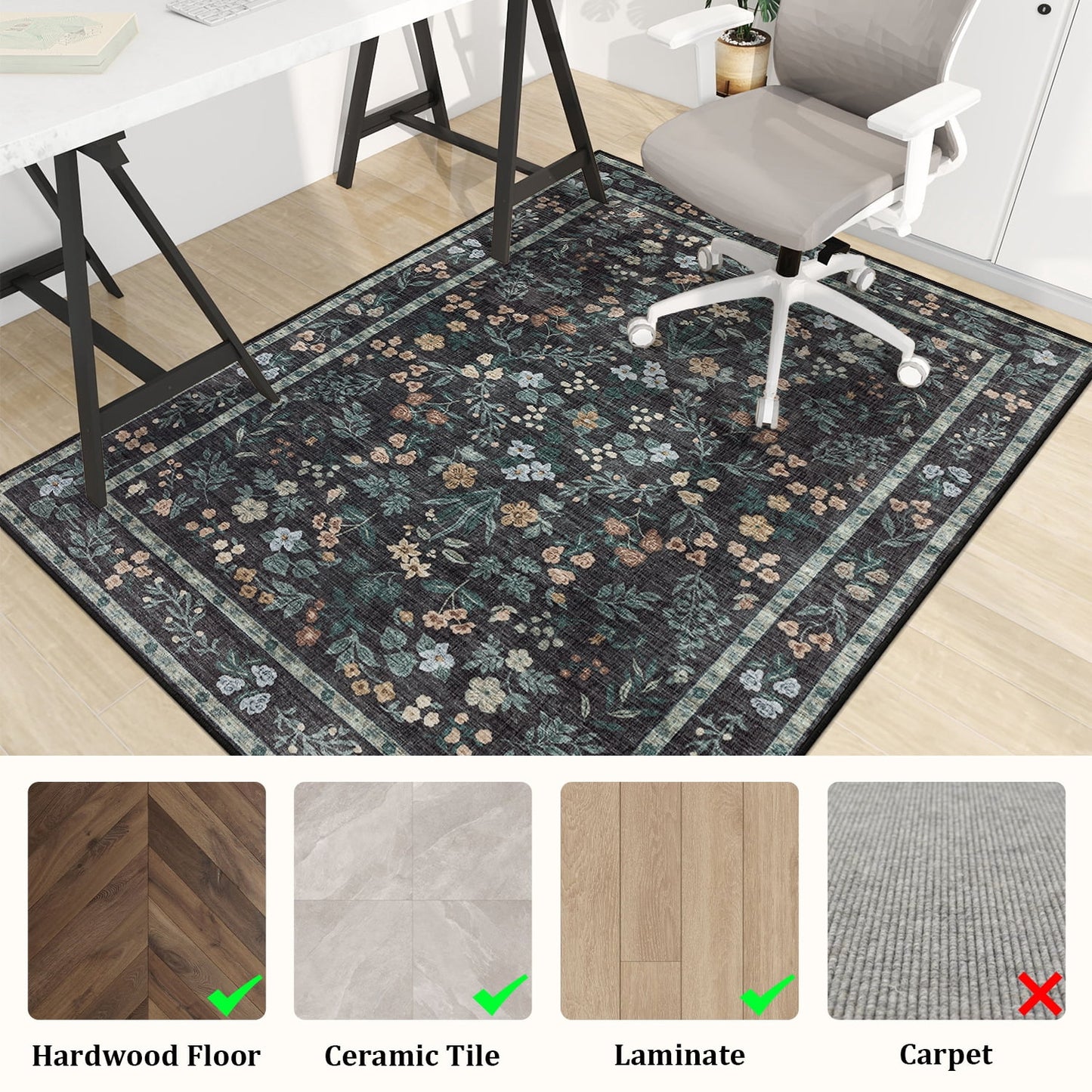 CHAKME 48in X 60in Dark Botanical Protective Flooring Office Chair Mat Hardwood Floor Tile Floor Heavy Duty Desk Chair Mat Carpet Anti Slip Office Floor Mat Rolling Chairs Low Pile Under Desk Rug