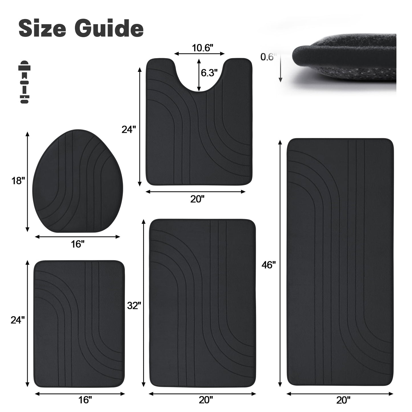 CHAKME 5 Pcs Bathroom Rugs Set Non Slip Absorbent Machine Washable Large 20inx46in & 32inx20in Long 24inx17in Small 18inx16in U Shaped 24inx20in Memory Foam Toilet Mat, Zen Garden Ripple black