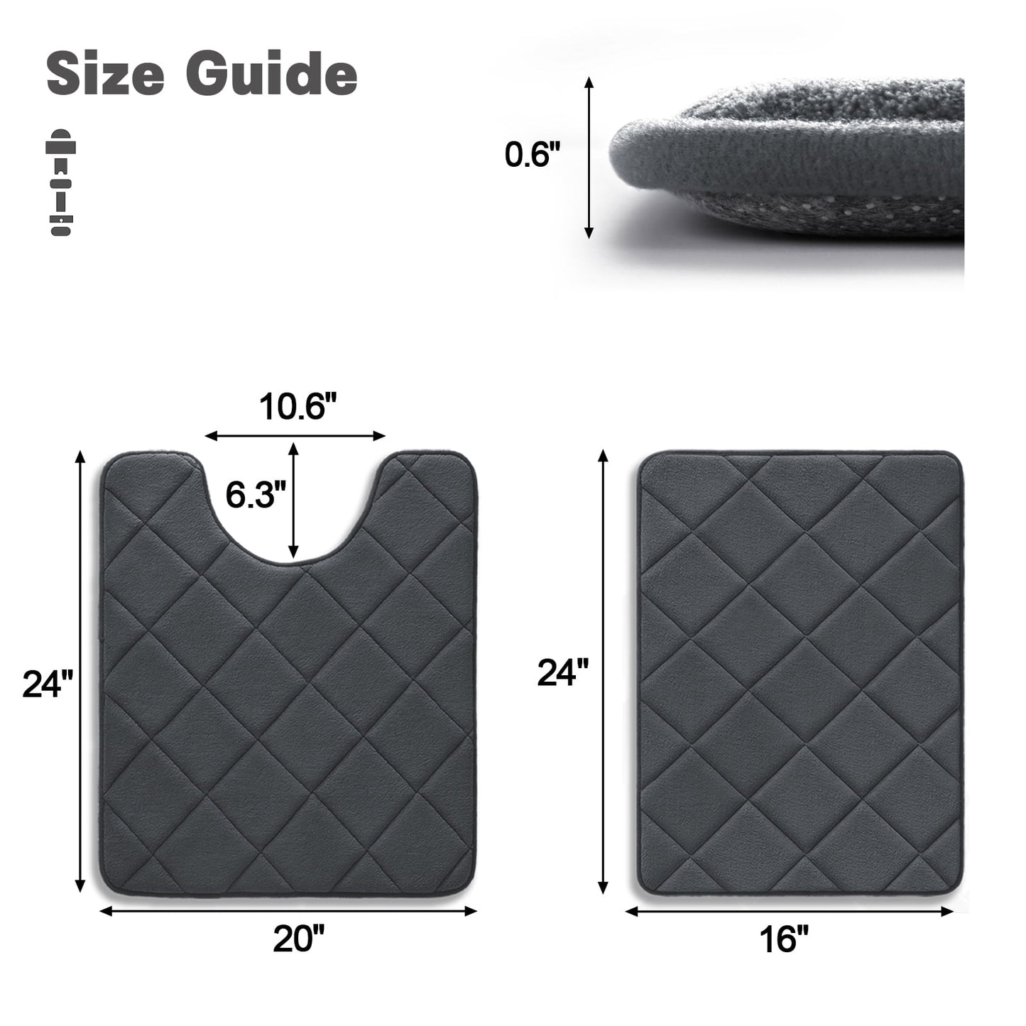 CHAKME Memory Foam Bath Mat Set Non Slip Super Absorbent Machine Washable U Shape Toilet Rug 24inx20in/24inx16in Bathroom Floor,Rustic Lattice Dark gray