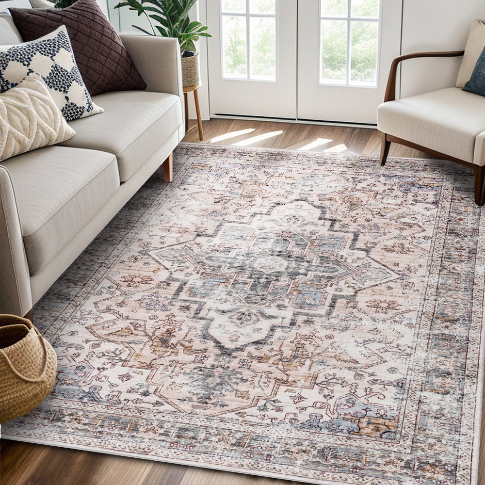 CHAKME 5'x7' Washable Area Rug Large Soft Rugs Living Room Vintage Beige Carpet Bedroom Dining Room Non-Slip Stain Resistant Under Table Rug
