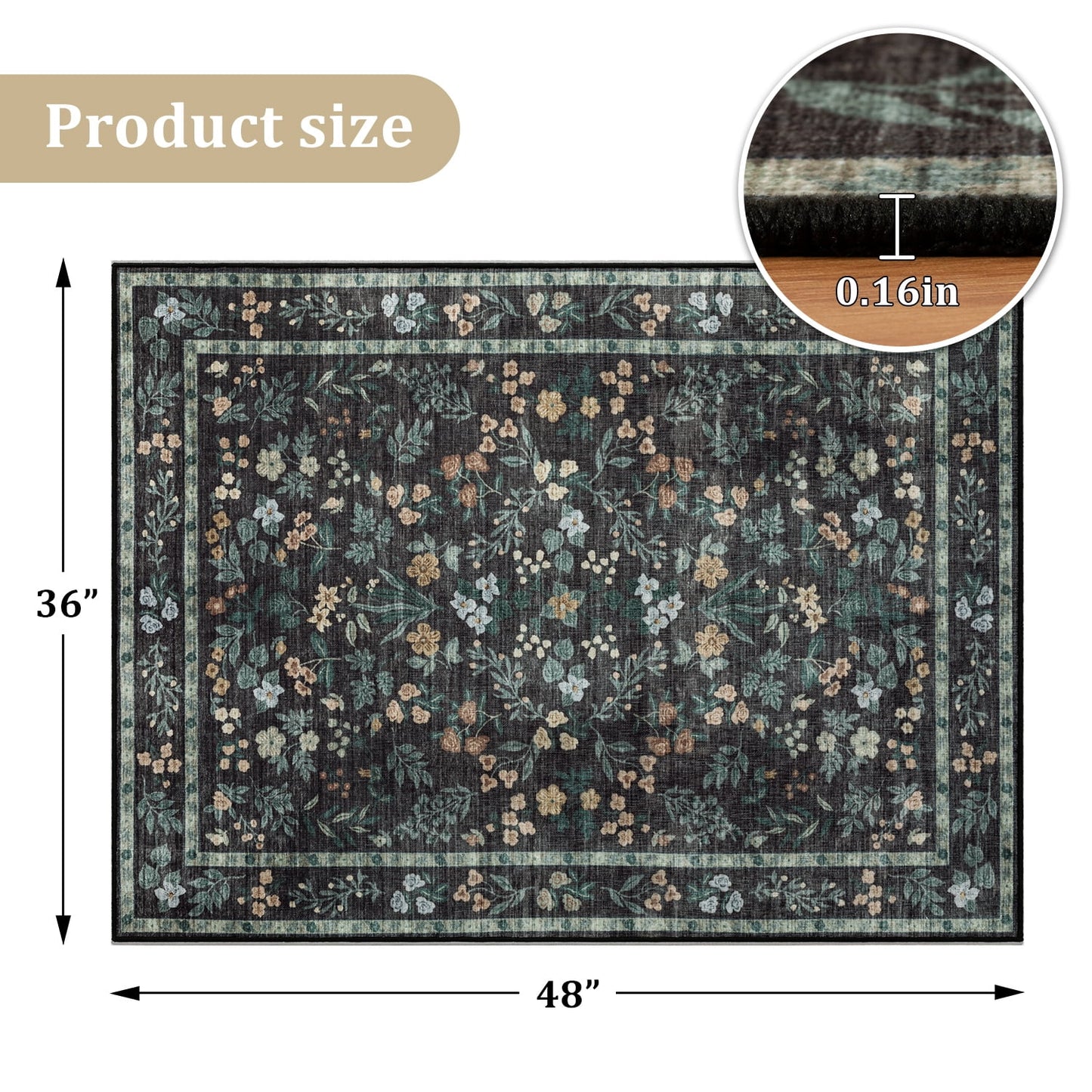 CHAKME Dark Floral Office Chair Mat 3'x4' Non Slip Washable Easy Glide Carpet Protector Hardwood Floor Vintage Botanical Flower Desk Chair Rug