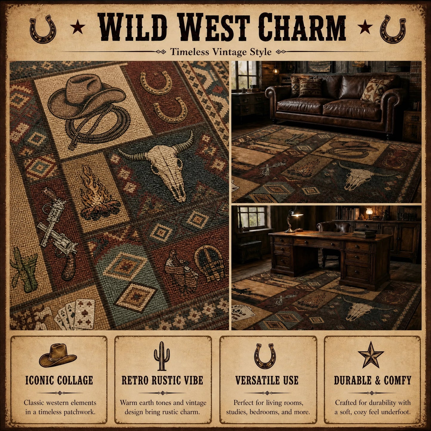 CHAKME 4'x6' Western Cowboy Area Rug Rustic Southwestern Cabin Lodge Decor Machine Washable Non-Slip Low Pile Floor Mat Vintage Cactus Bull Skull Saloon Design Carpet for Living Room Bedroom