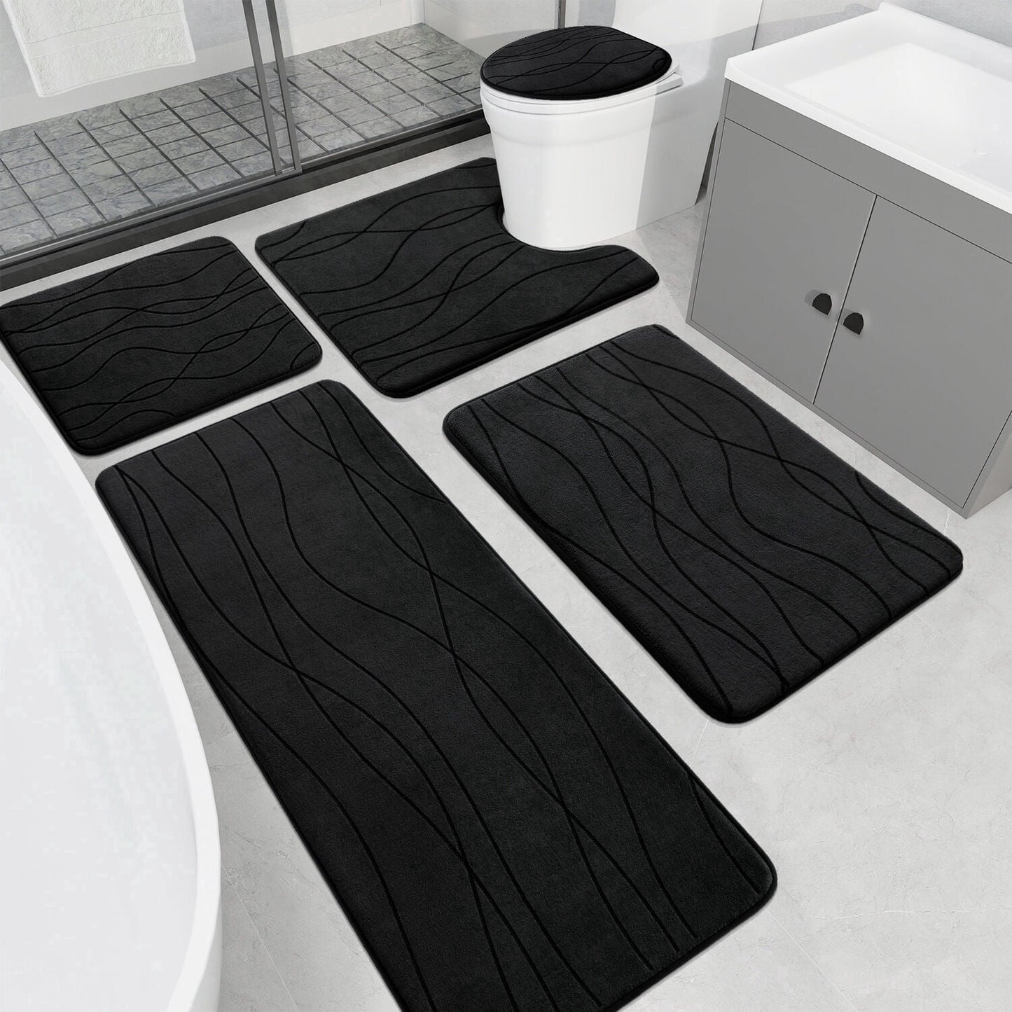 CHAKME 5 Piece Bathroom Rug Set Non Slip Ultra Absorbent Machine Washable Memory Foam Large 20''x46'' & 32''x20'' Long 24''x17'' Small 18''x16'' U Shape Contour 24''x20'' Toilet Mat Ocean Ripple black