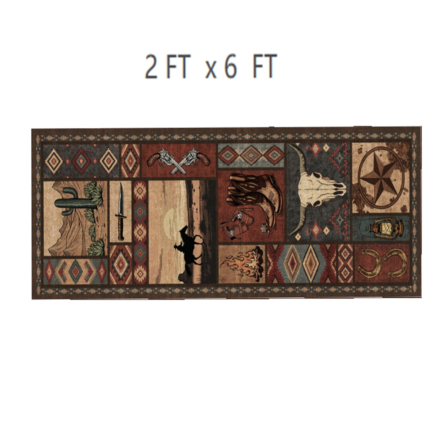 CHAKME 2'x6' Western Cowboy Area Rug Rustic Southwestern Cabin Lodge Decor Machine Washable Non-Slip Low Pile Floor Mat Vintage Cactus Bull Skull Saloon Design Carpet for Living Room Bedroom