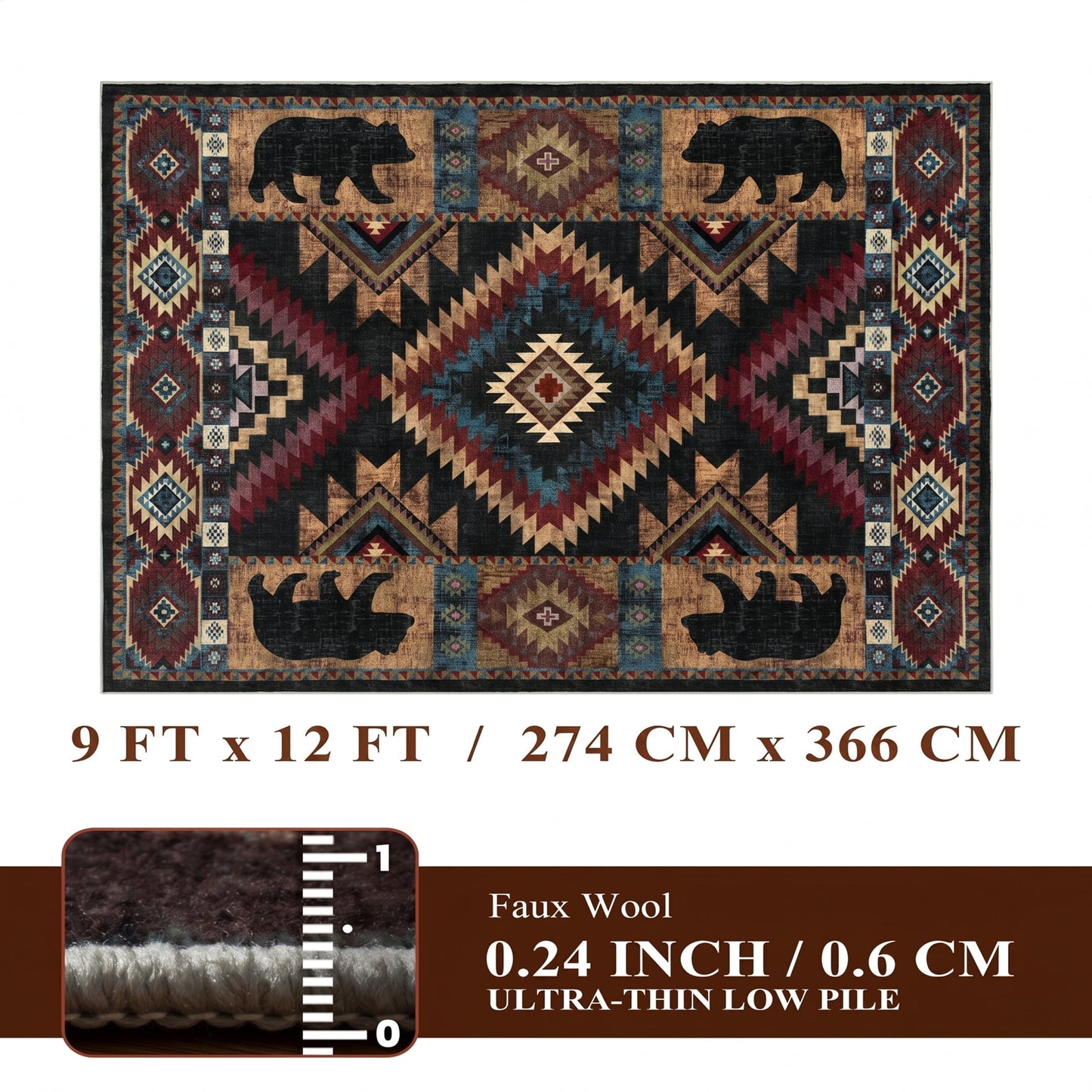 CHAKME 9x12 Washable Southwestern Area Rug, Rustic Cabin Geometric Bear Carpet, Soft Non-Slip Foldable Floor Mat for Living Room Bedroom, Dark Charcoal & Burgundy Red