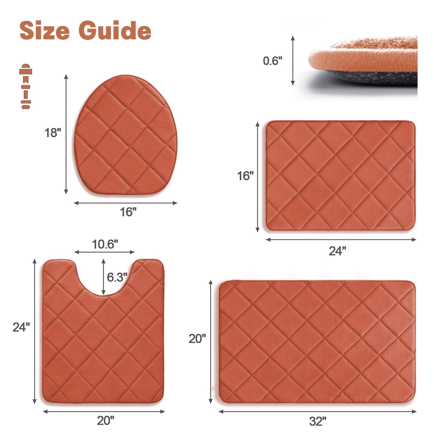CHAKME 4pcs Bathroom Rugs Set with U-Shaped Mat, Non Slip, Quick Drying, Ultra Soft and Water Absorbent Bath Rug Mat Carpet Machine Washable 20inx32in+17inx24in+U 20inx24in+15inx18in ORANGE