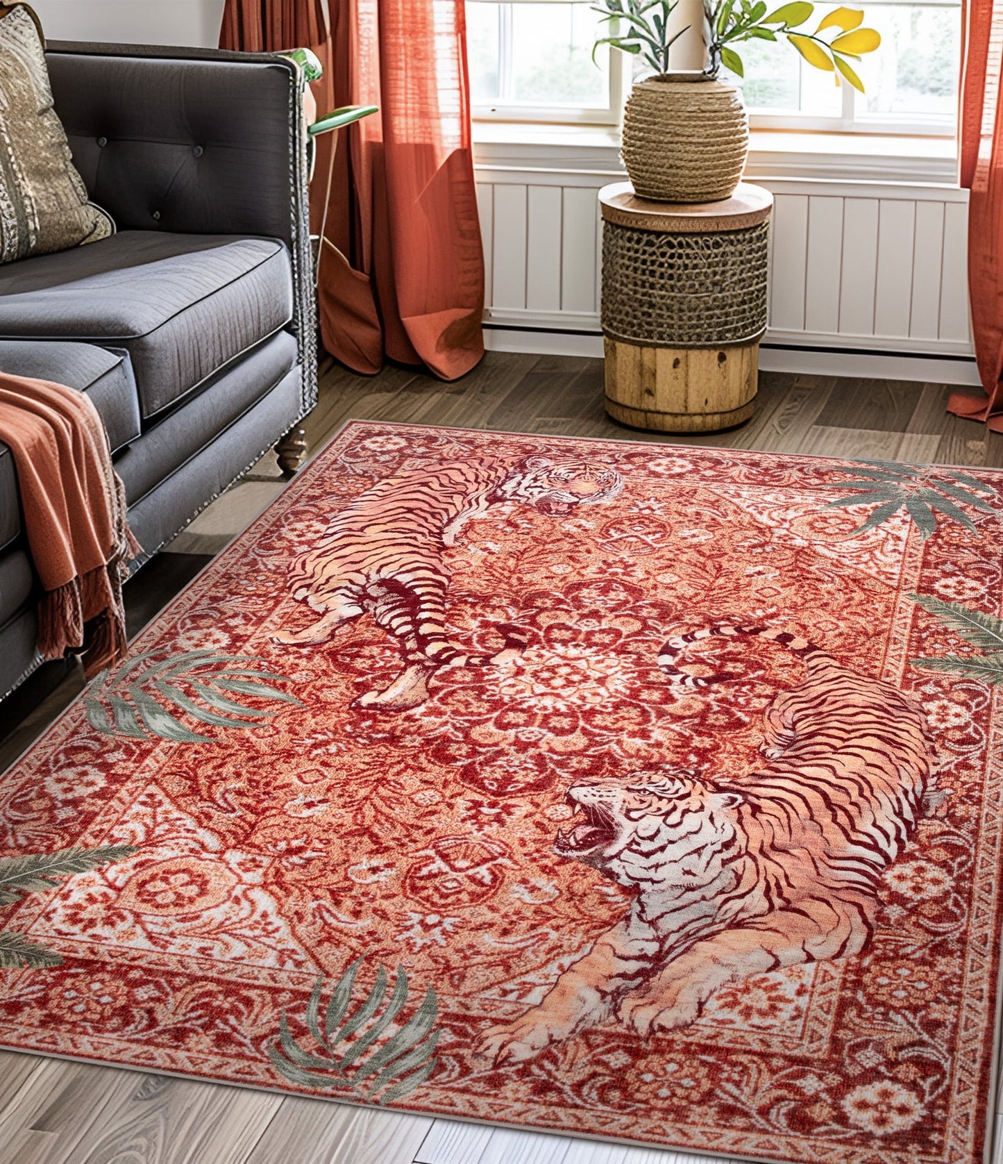 CHAKME 9'x12' Vintage Tiger Area Rugs Non Slip Machine Washable Vintage Boho Carpet Low Pile Print Bedroom Dining Room Home Office Rug,Red