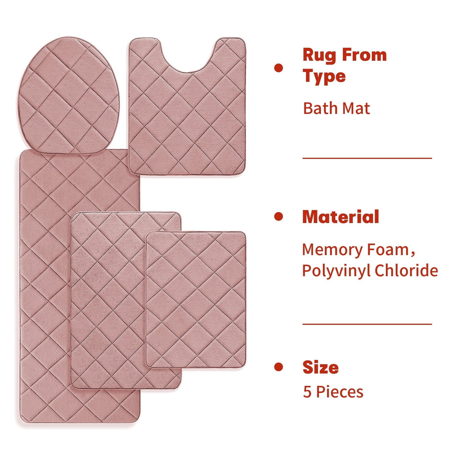 CHAKME Non Slip Machine Washable 5 Piece Bath Rug Set Memory Foam Ultra Absorbent Large 20inx46in & 32inx20in Long 24inx17in Small 18inx16in U Shape Contour 24inx20in Bathroom Mat Rustic Lattice pink